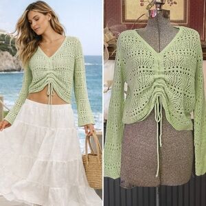 Jolie & Joy Open Knit Crochet Cinch Front Tie Sweater Light Green Boho Sz XL 💛🎀